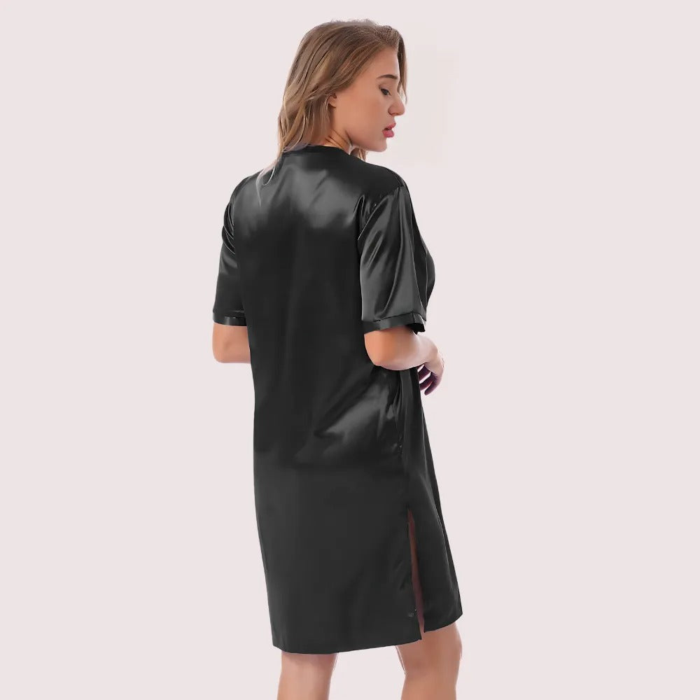 Silk satin sexy black short sleepwear